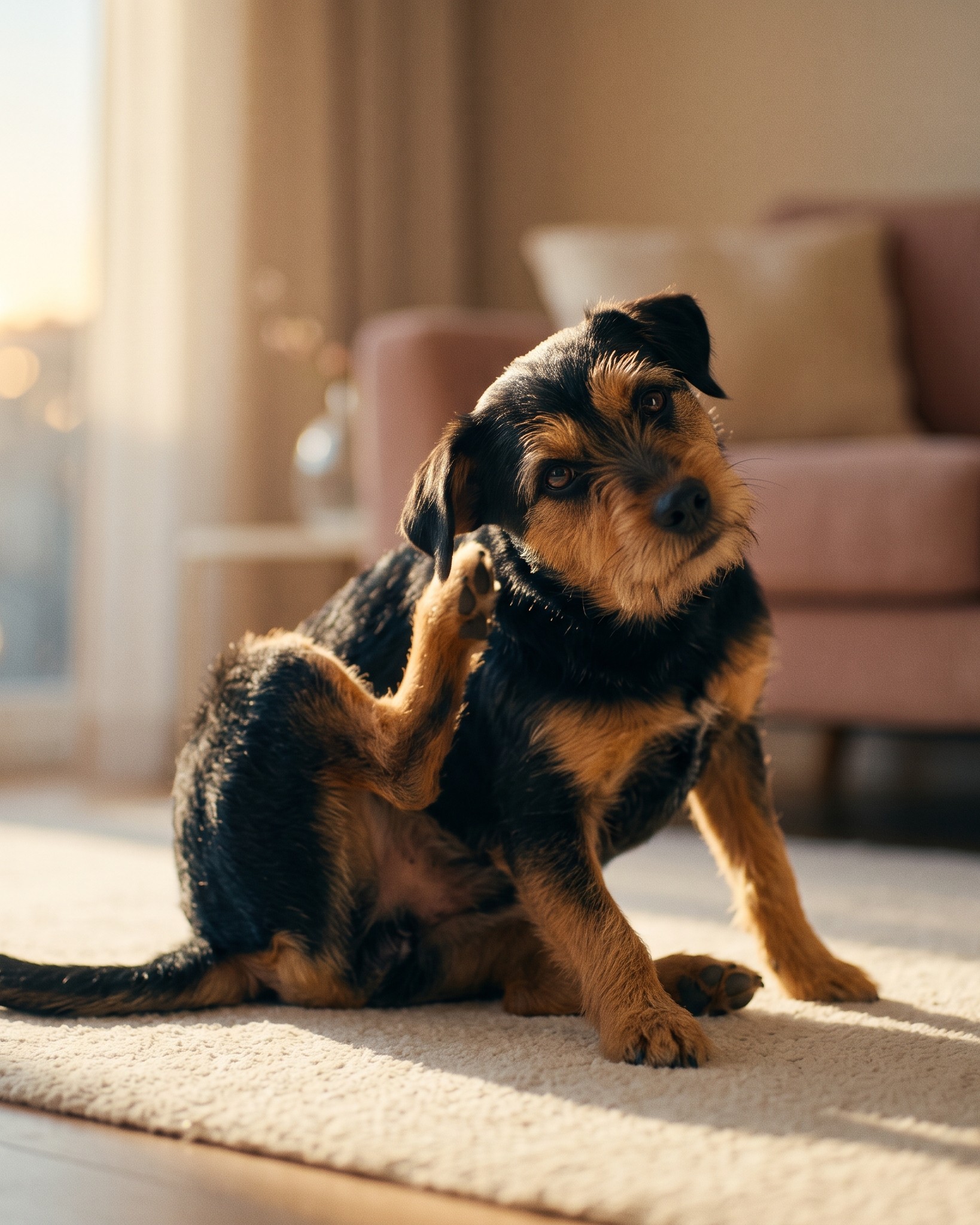 Hund kratzt sich mit der Hinterpfote am Ohr, Symptom für Allergie oder Juckreiz bei Hunden