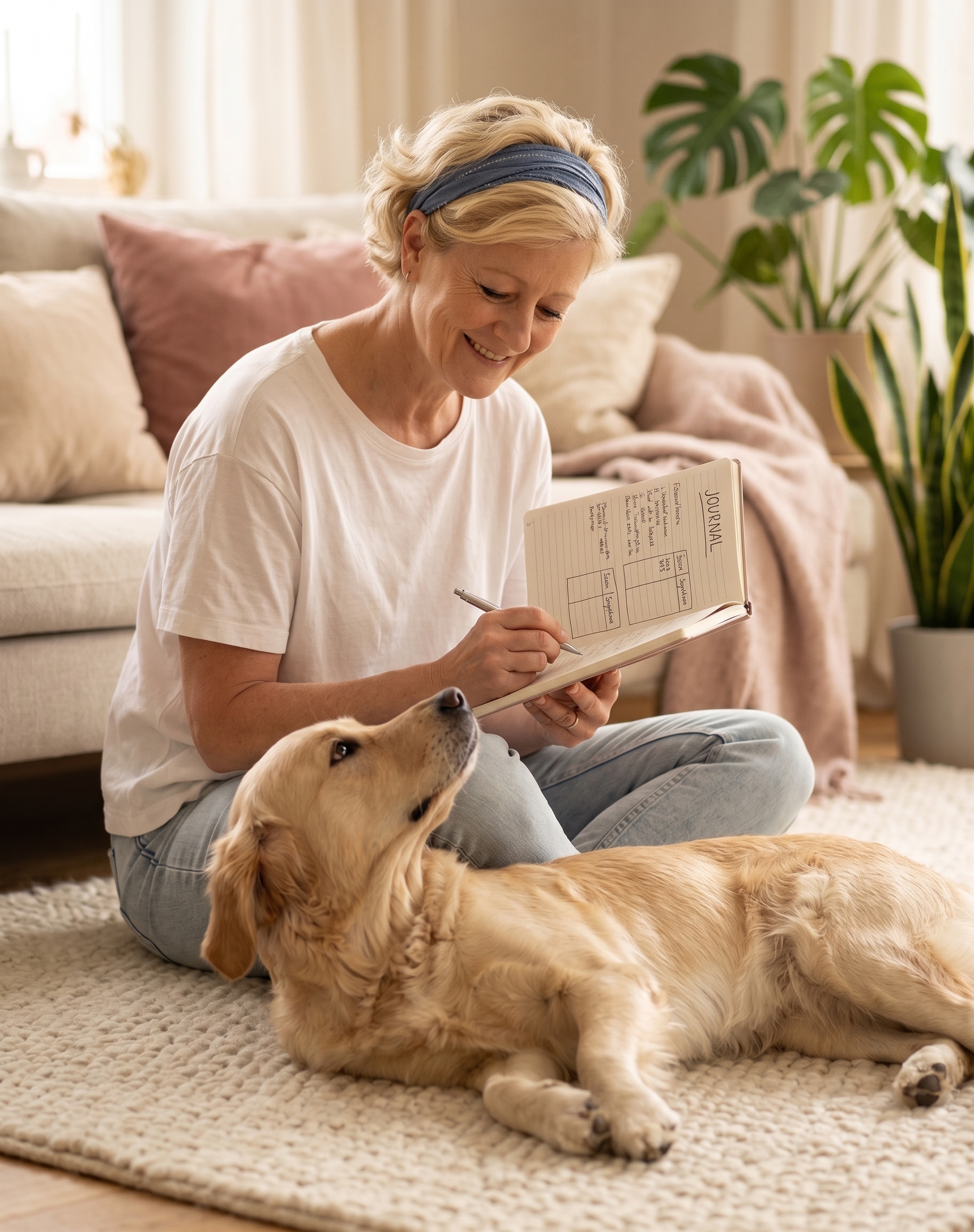 Nicole Hempel trägt gemeinsam mit ihrem Hund die Einträge ins Futter- und Symptomtagebuch ein